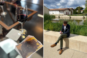 Our Head of Private Clients Joe Fogg, sits on a wall outside of Duhart Milon whilst writing his notes after tasting